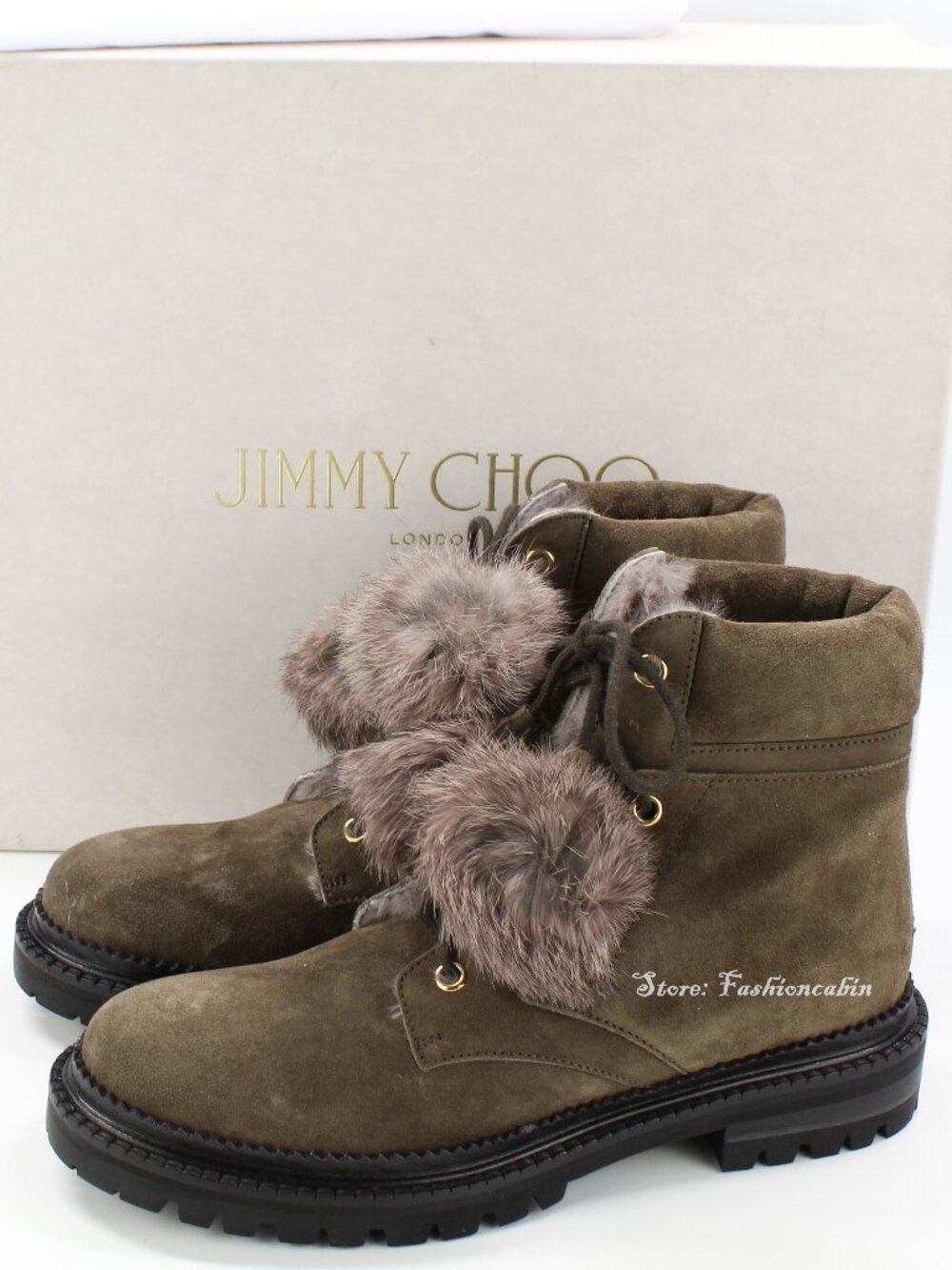 JIMMY CHOO Suede Fur Pom-Pom Ankle Boots EU 36 Lace-up Round Toe Leather Lining